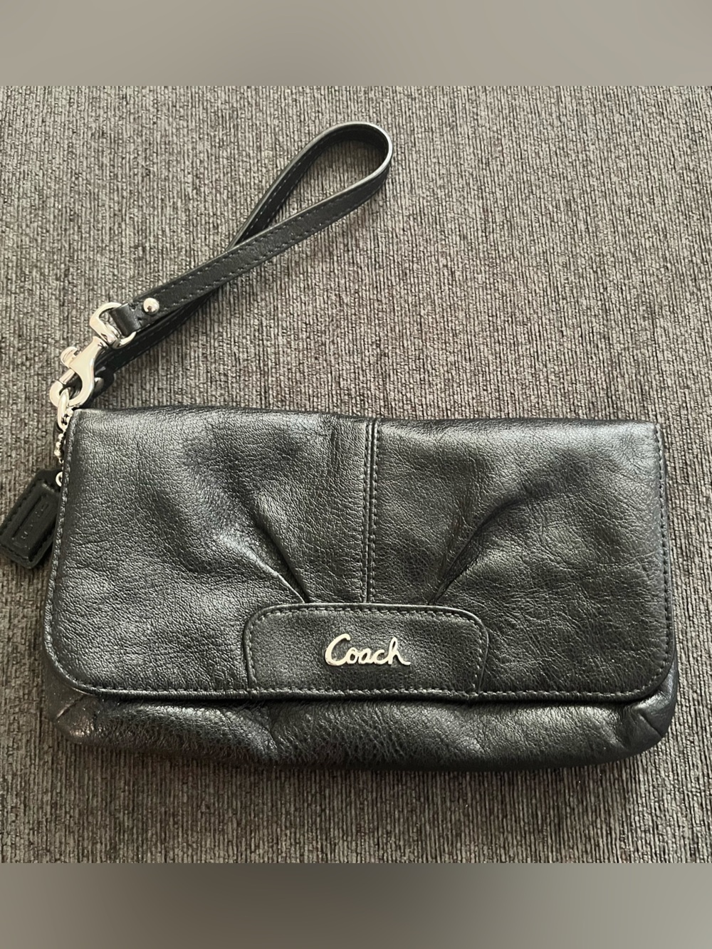 Coach Black Leather Wristlet Clutch with Logo Tab